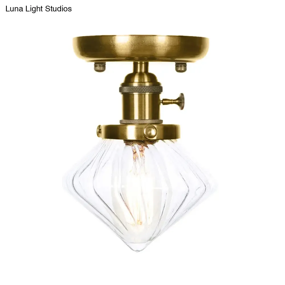1-Light Clear/Amber Glass Ceiling Lighting - Industrial Brass Cone/Rhombus/Bell Semi Flush Mount for Dining Room