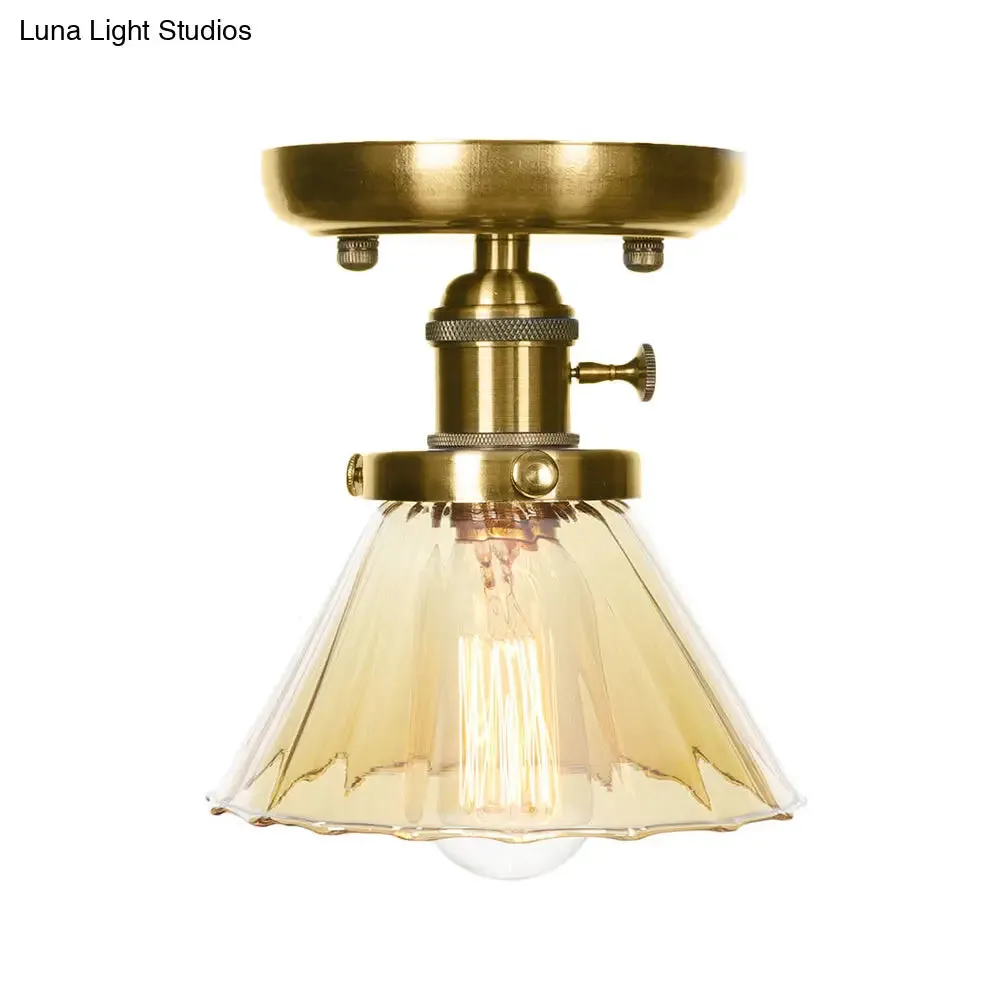 1-Light Clear/Amber Glass Ceiling Lighting - Industrial Brass Cone/Rhombus/Bell Semi Flush Mount for Dining Room