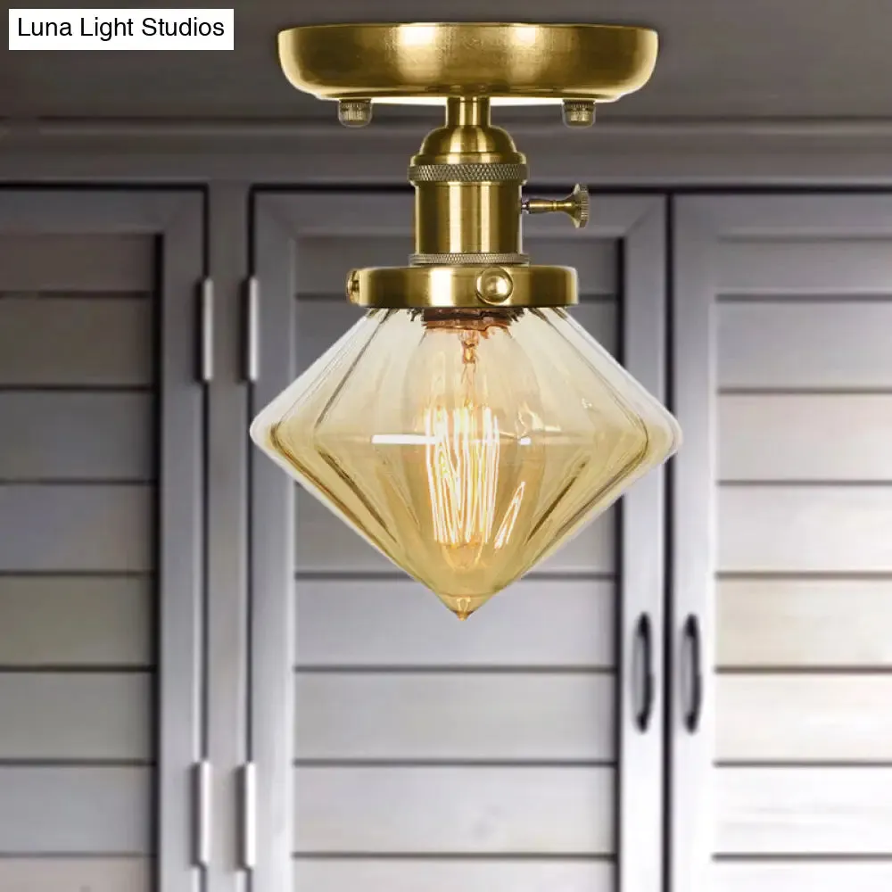 1-Light Clear/Amber Glass Ceiling Lighting - Industrial Brass Cone/Rhombus/Bell Semi Flush Mount for Dining Room