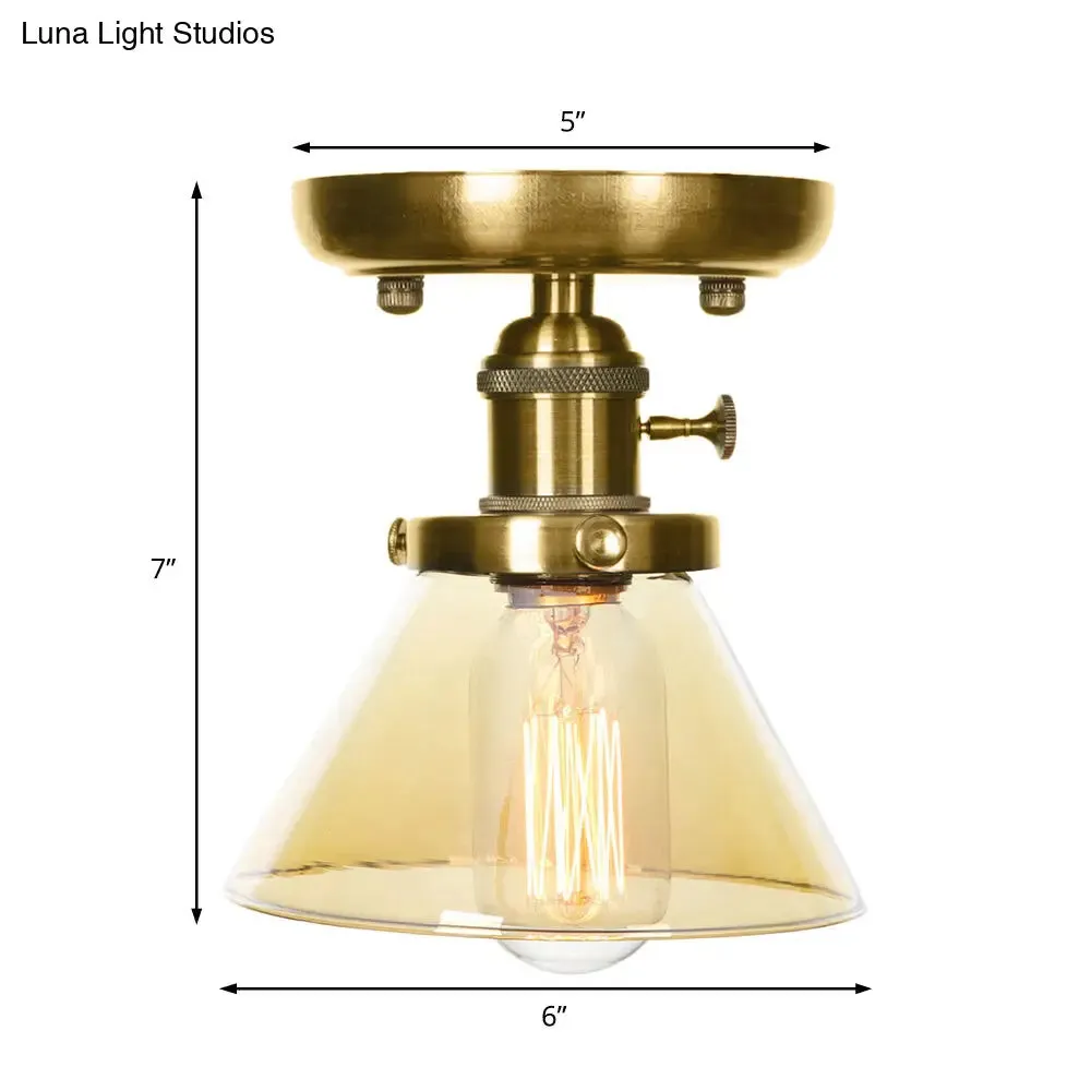 1-Light Clear/Amber Glass Ceiling Lighting - Industrial Brass Cone/Rhombus/Bell Semi Flush Mount for Dining Room