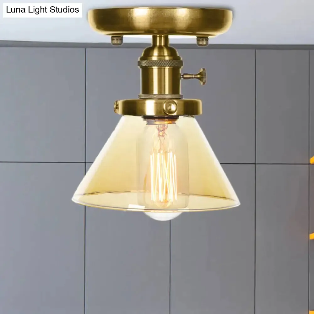 1-Light Clear/Amber Glass Ceiling Lighting - Industrial Brass Cone/Rhombus/Bell Semi Flush Mount for Dining Room