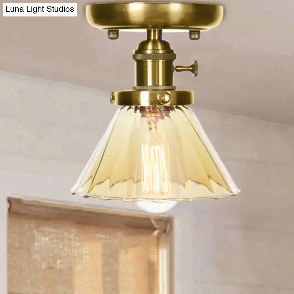 1-Light Clear/Amber Glass Ceiling Lighting - Industrial Brass Cone/Rhombus/Bell Semi Flush Mount for Dining Room