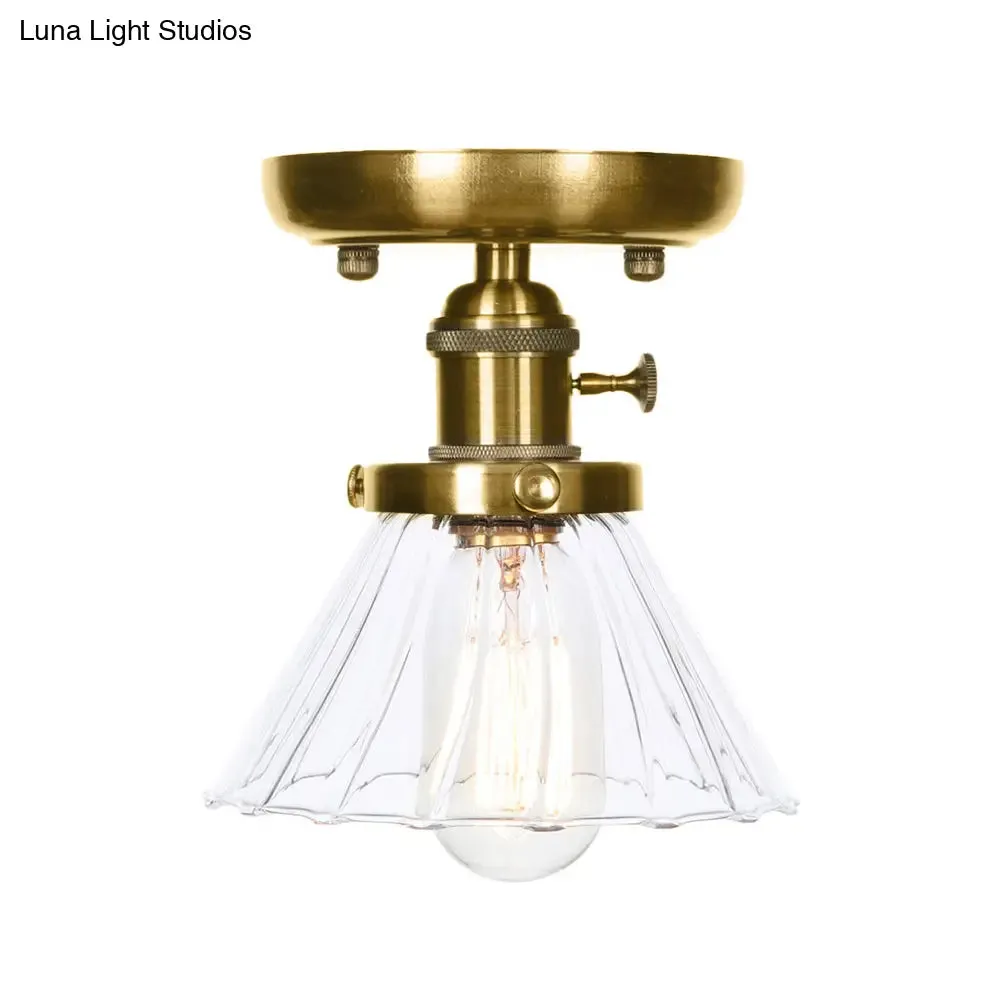 1-Light Clear/Amber Glass Ceiling Lighting - Industrial Brass Cone/Rhombus/Bell Semi Flush Mount for Dining Room