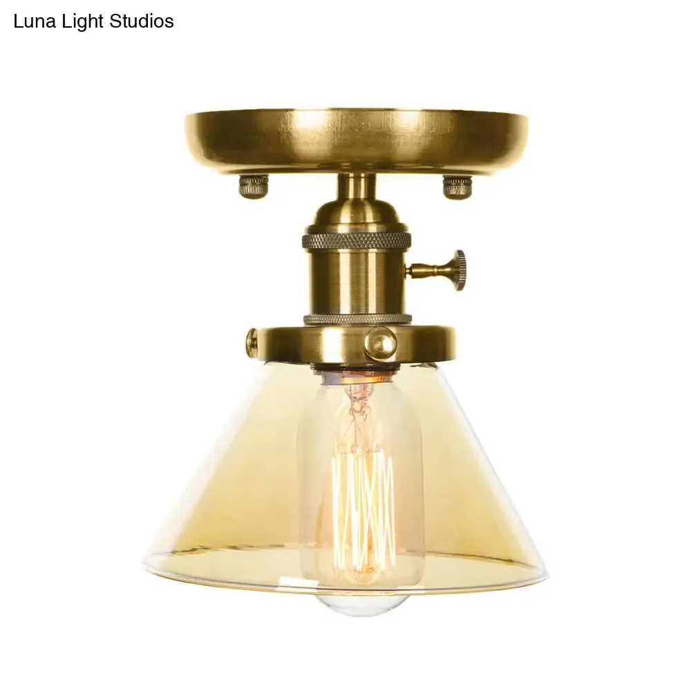 1-Light Clear/Amber Glass Ceiling Lighting - Industrial Brass Cone/Rhombus/Bell Semi Flush Mount for Dining Room