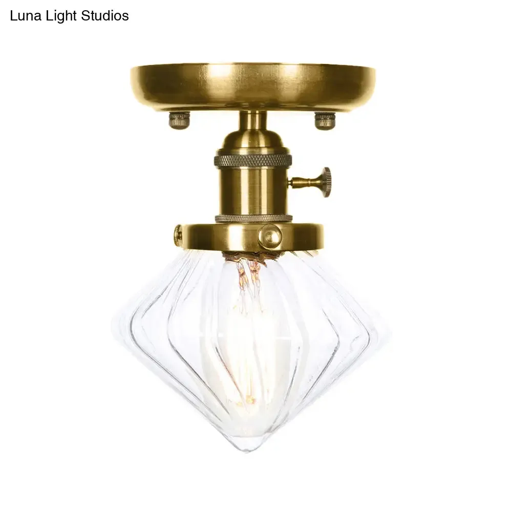 1-Light Clear/Amber Glass Ceiling Lighting - Industrial Brass Cone/Rhombus/Bell Semi Flush Mount for Dining Room
