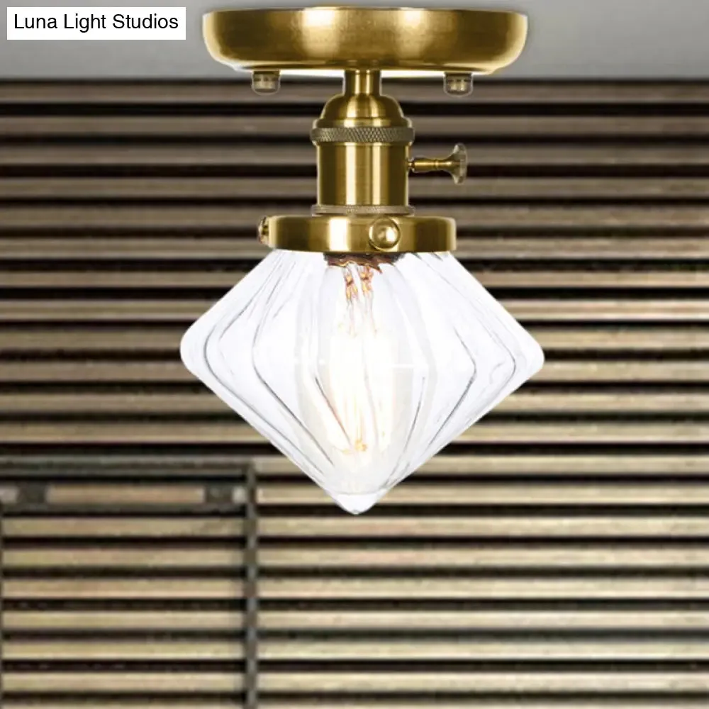 1-Light Clear/Amber Glass Ceiling Lighting - Industrial Brass Cone/Rhombus/Bell Semi Flush Mount for Dining Room