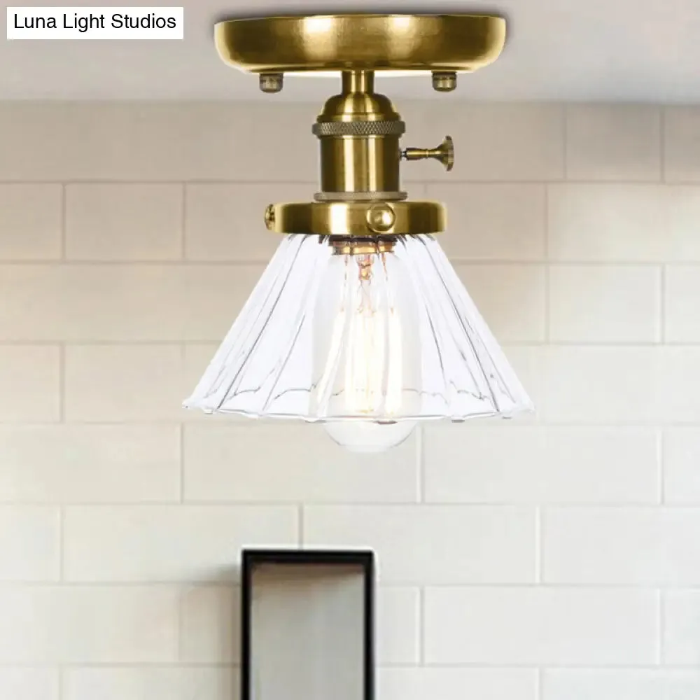 1-Light Clear/Amber Glass Ceiling Lighting - Industrial Brass Cone/Rhombus/Bell Semi Flush Mount for Dining Room