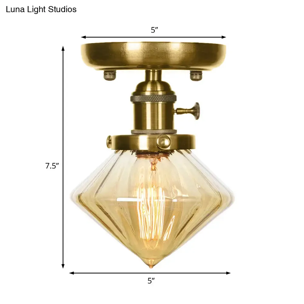1-Light Clear/Amber Glass Ceiling Lighting - Industrial Brass Cone/Rhombus/Bell Semi Flush Mount for Dining Room