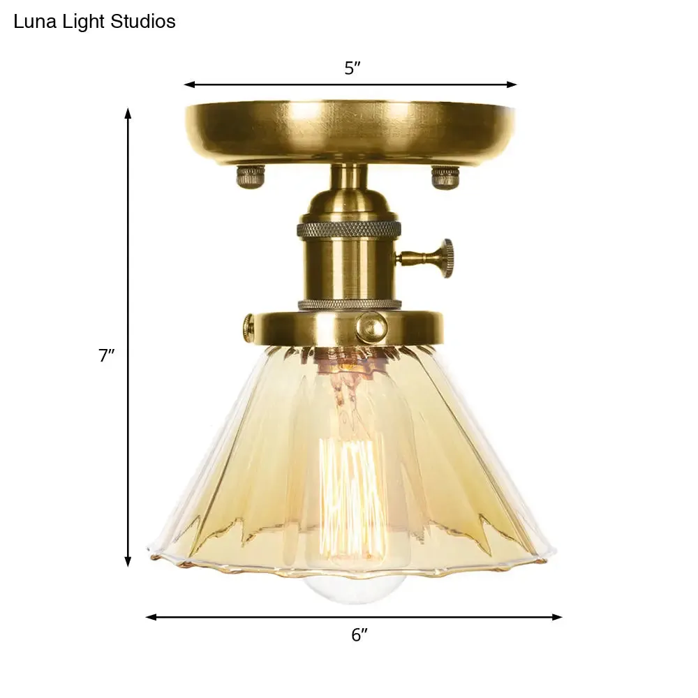 1-Light Clear/Amber Glass Ceiling Lighting - Industrial Brass Cone/Rhombus/Bell Semi Flush Mount for Dining Room