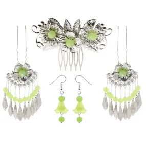 1 Set Ancient Chinese Flower Hair Comb Tassel Dangle Earrings Light Green