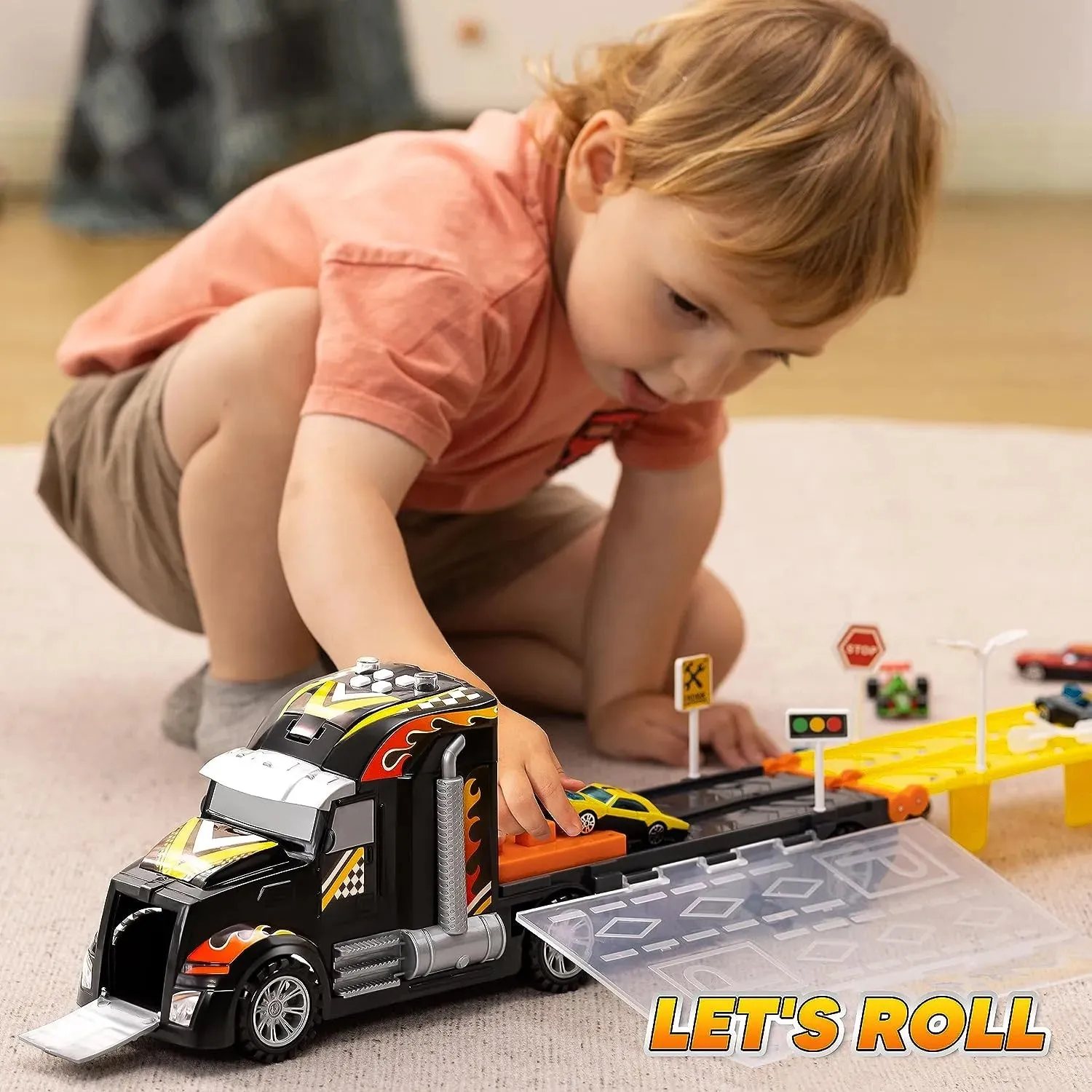 12 Die-Cast Foldable Decks Carrier Truck Toys with 2 Launchers, Lights & Sounds