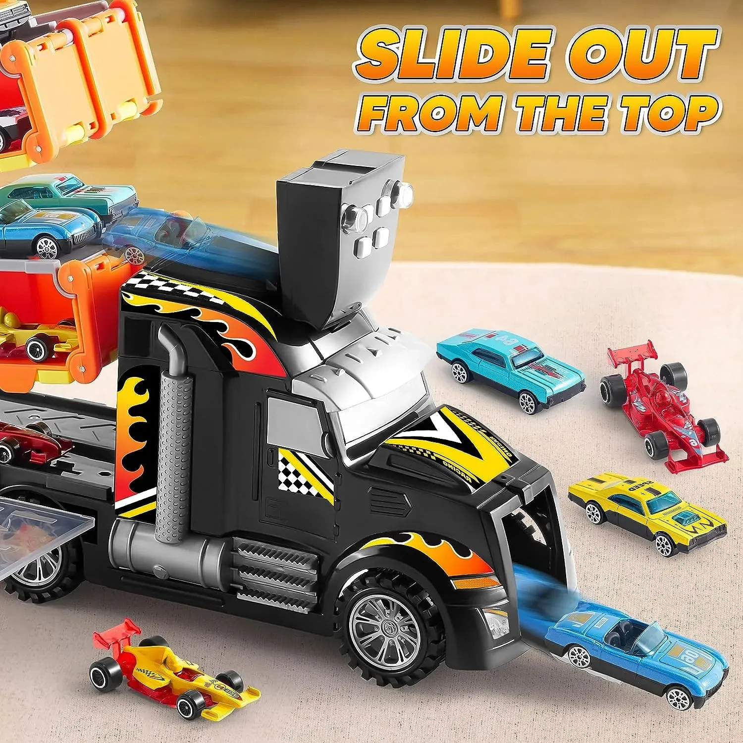 12 Die-Cast Foldable Decks Carrier Truck Toys with 2 Launchers, Lights & Sounds