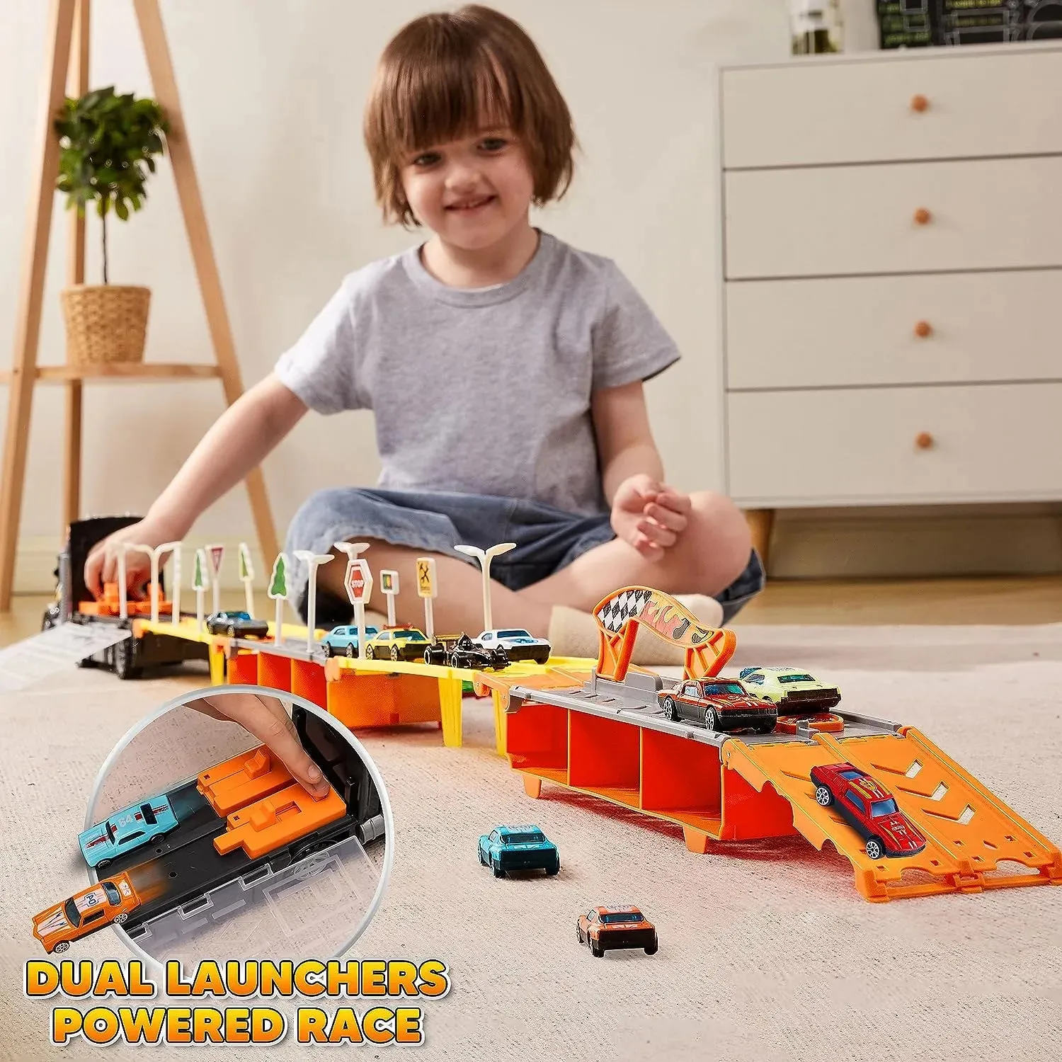 12 Die-Cast Foldable Decks Carrier Truck Toys with 2 Launchers, Lights & Sounds