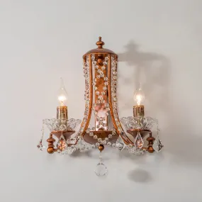 2-Head Weathered Copper Candle Wall Mount Sconce with Crystal Beaded Strand - French Country Light