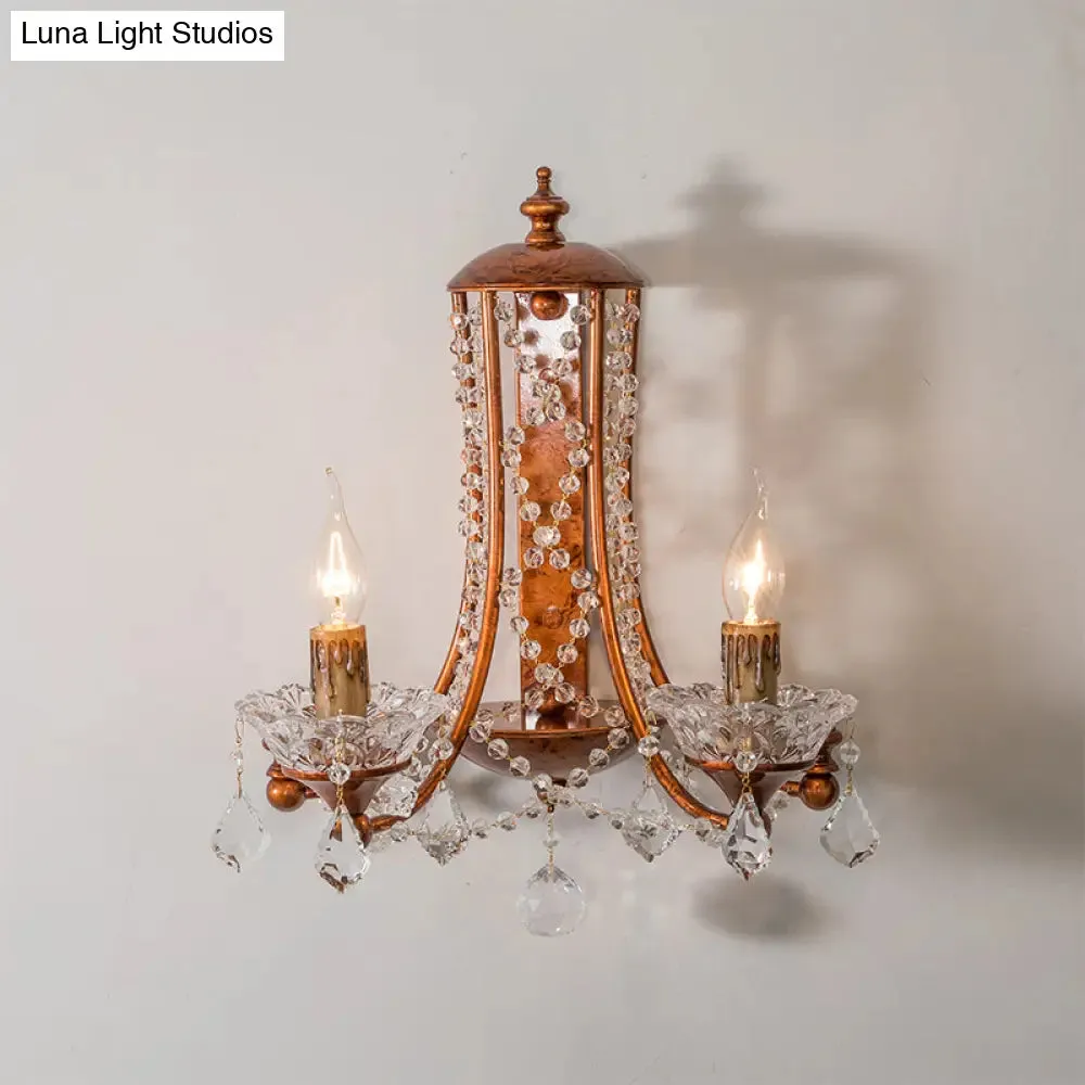 2-Head Weathered Copper Candle Wall Mount Sconce with Crystal Beaded Strand - French Country Light