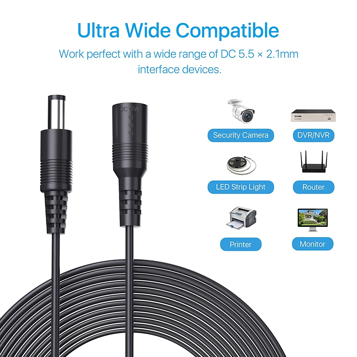2 Pack 12ft 12V DC Power Extension Cable,Male to Female Plug Extender Cord