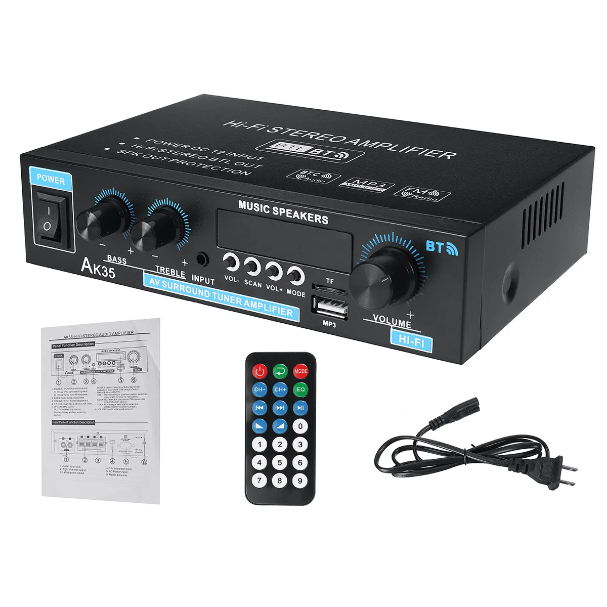 AK35 110V-240V Bluetooth 5.0 Stereo Power Amplifier USB Wireless Music Speakers
