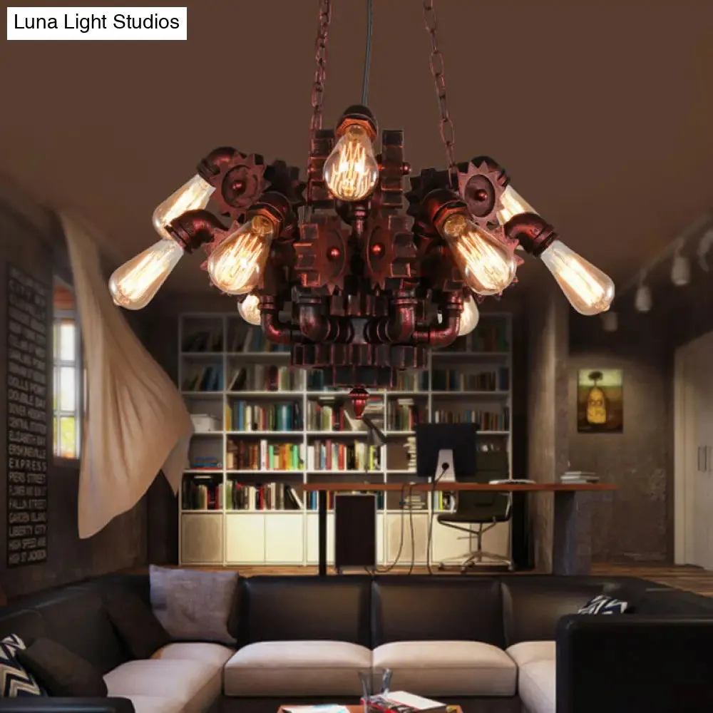 Alathfar - Vintage Gear Living Room Pendant Chandelier Vintage Wrought Iron 9 Lights Weathered Copper Hanging Fixture with Chain