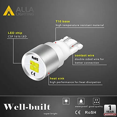 Alla Lighting Newest 194 LED Bulbs Extremely Super Bright T10 168 W5W 2825 175 158 CANBUS Replacement 12V 1616 SMD Car License Plate Light Interior Map Dome Door Lights, 6000K Xenon White