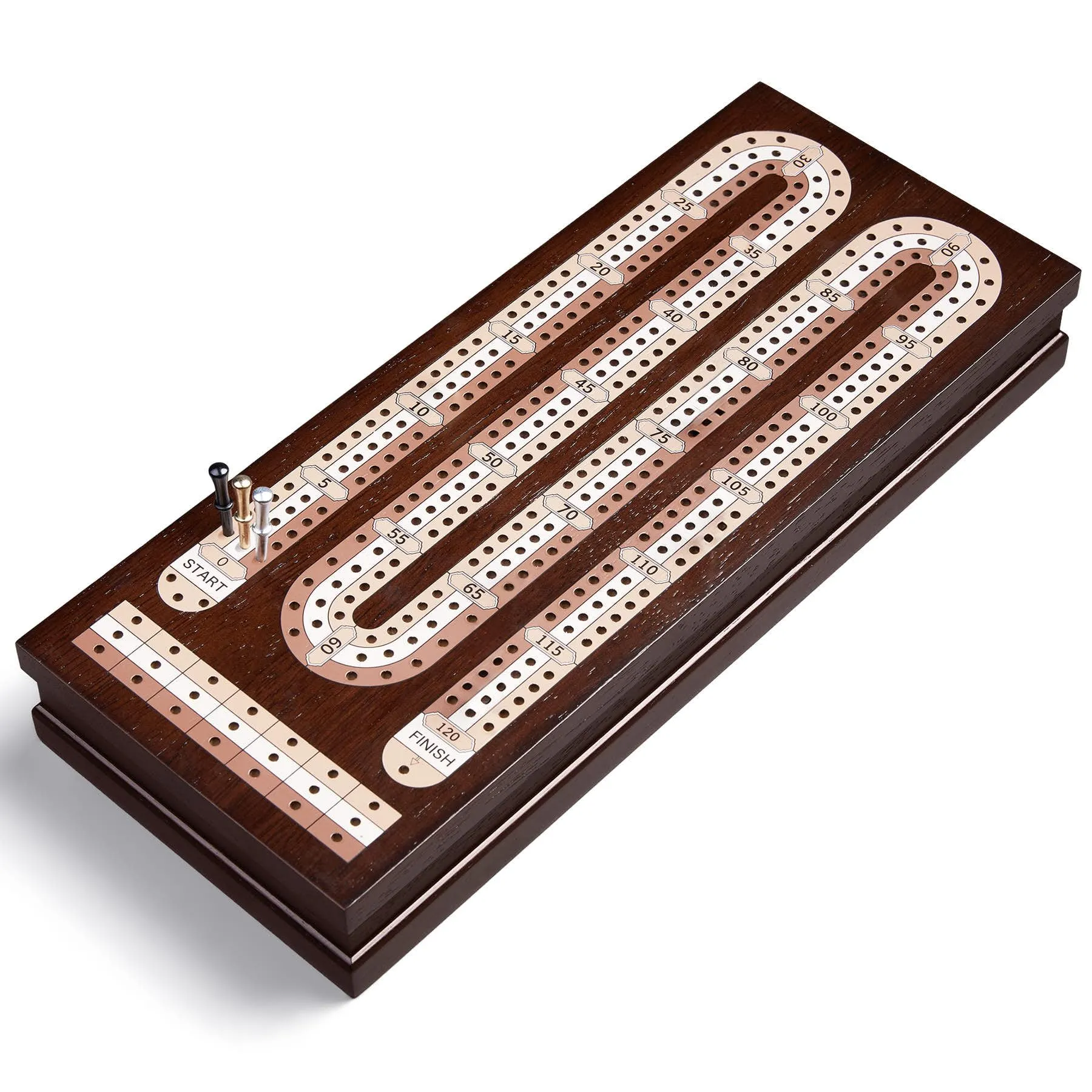 AMEROUS Wooden Cribbage Board Game Set with Magnetic Lock / 9 Metal Pegs / 2 Decks of Playing Cards/Larger Storage Area/Instruction, Classic Tabletop Game for Family (3 Track Board)