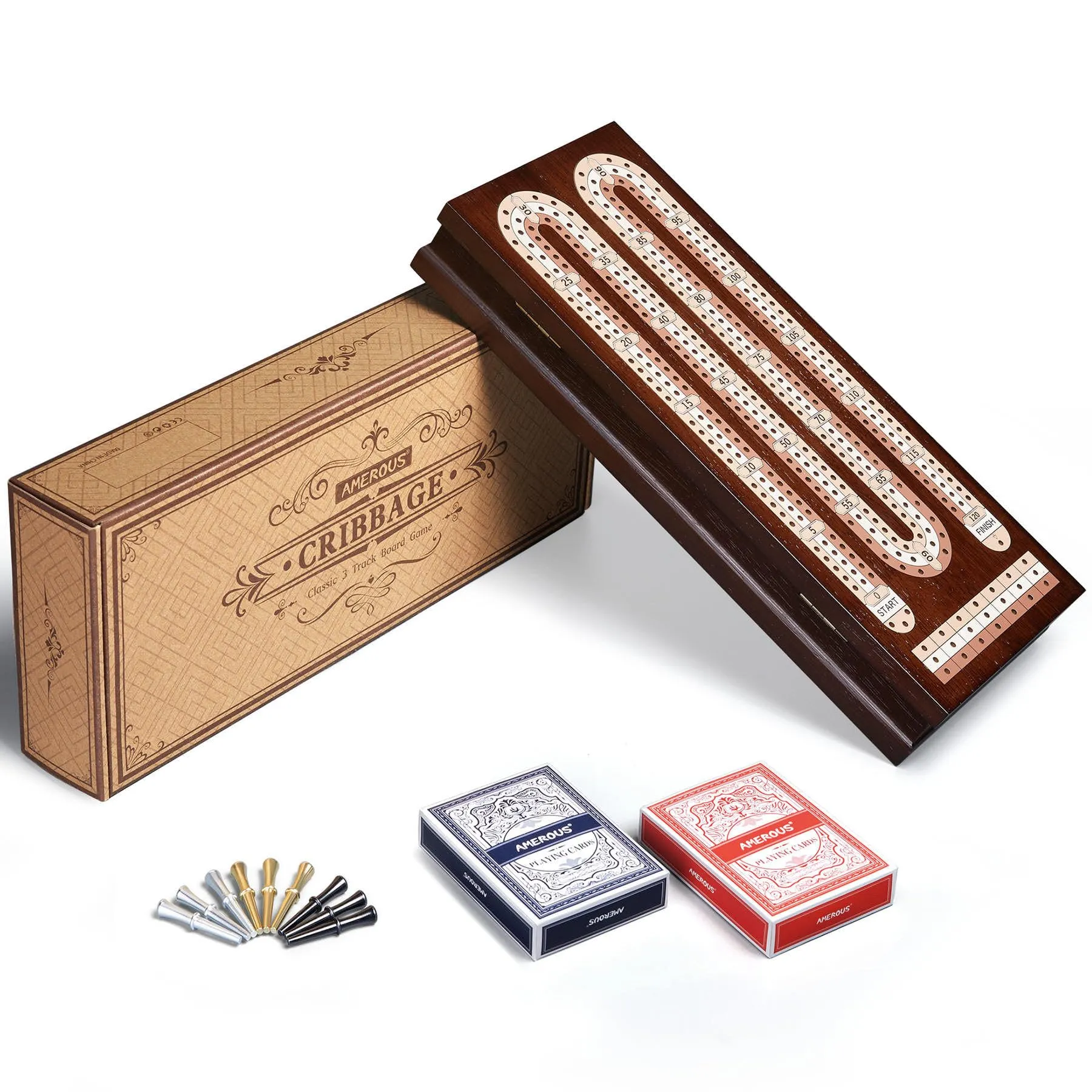 AMEROUS Wooden Cribbage Board Game Set with Magnetic Lock / 9 Metal Pegs / 2 Decks of Playing Cards/Larger Storage Area/Instruction, Classic Tabletop Game for Family (3 Track Board)