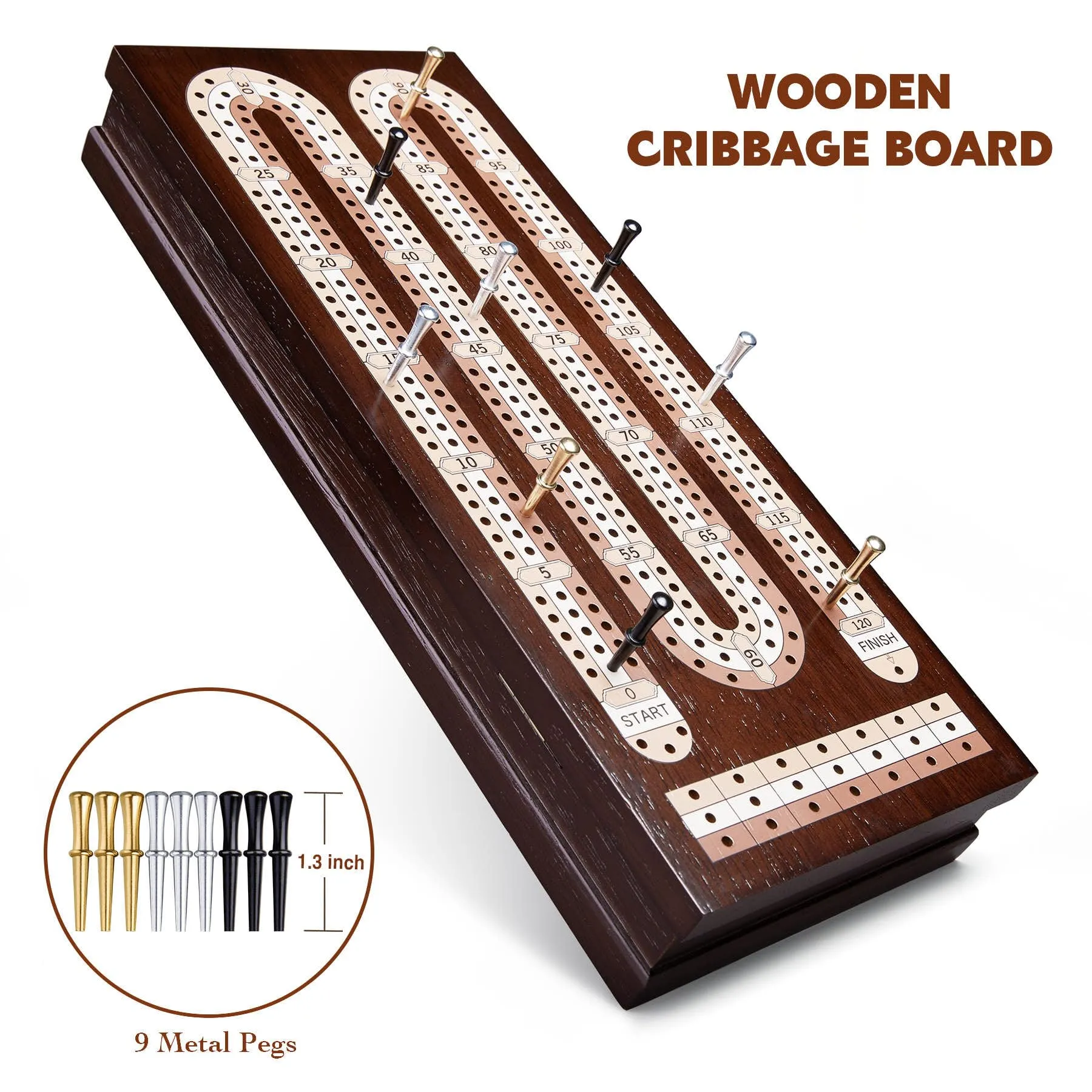AMEROUS Wooden Cribbage Board Game Set with Magnetic Lock / 9 Metal Pegs / 2 Decks of Playing Cards/Larger Storage Area/Instruction, Classic Tabletop Game for Family (3 Track Board)