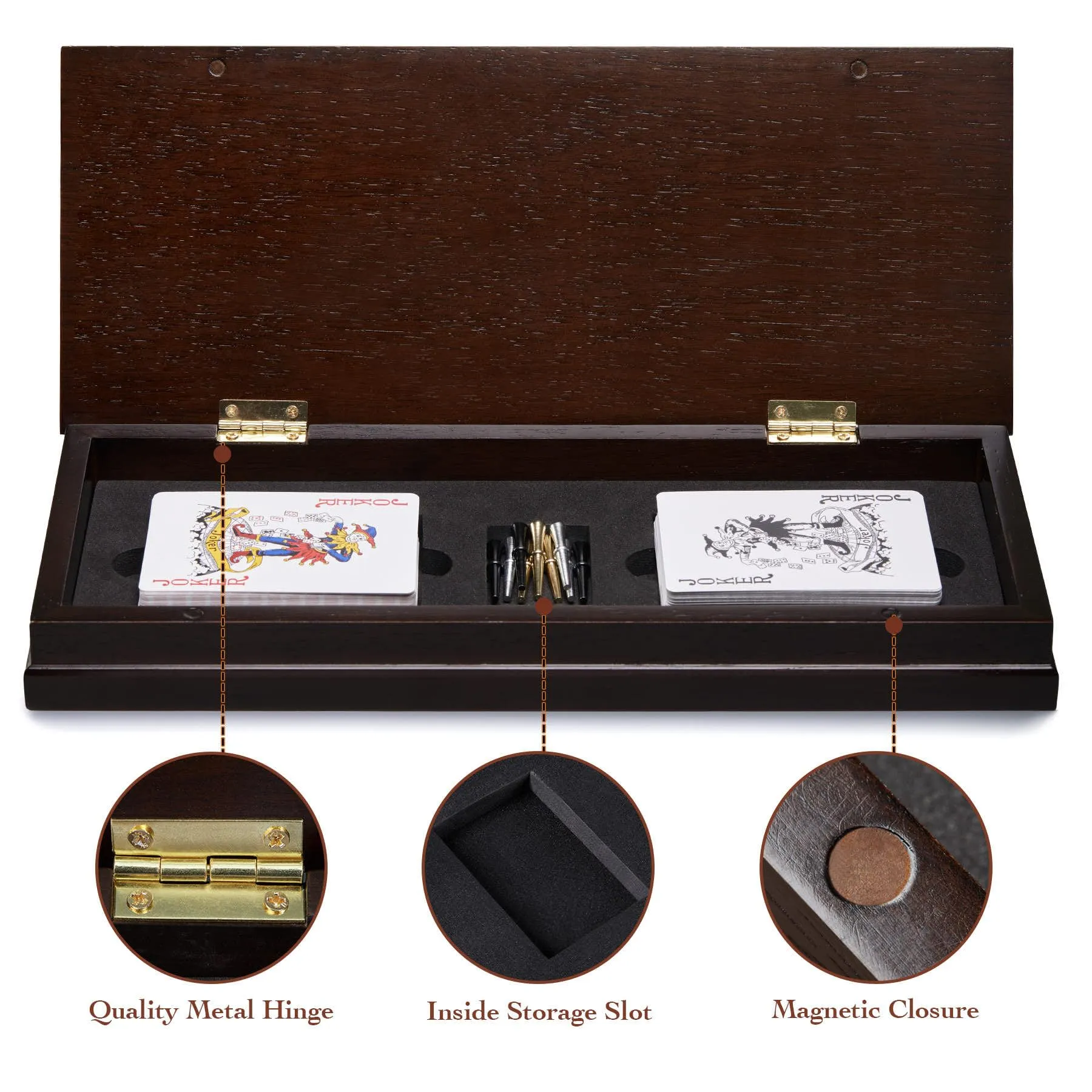 AMEROUS Wooden Cribbage Board Game Set with Magnetic Lock / 9 Metal Pegs / 2 Decks of Playing Cards/Larger Storage Area/Instruction, Classic Tabletop Game for Family (3 Track Board)