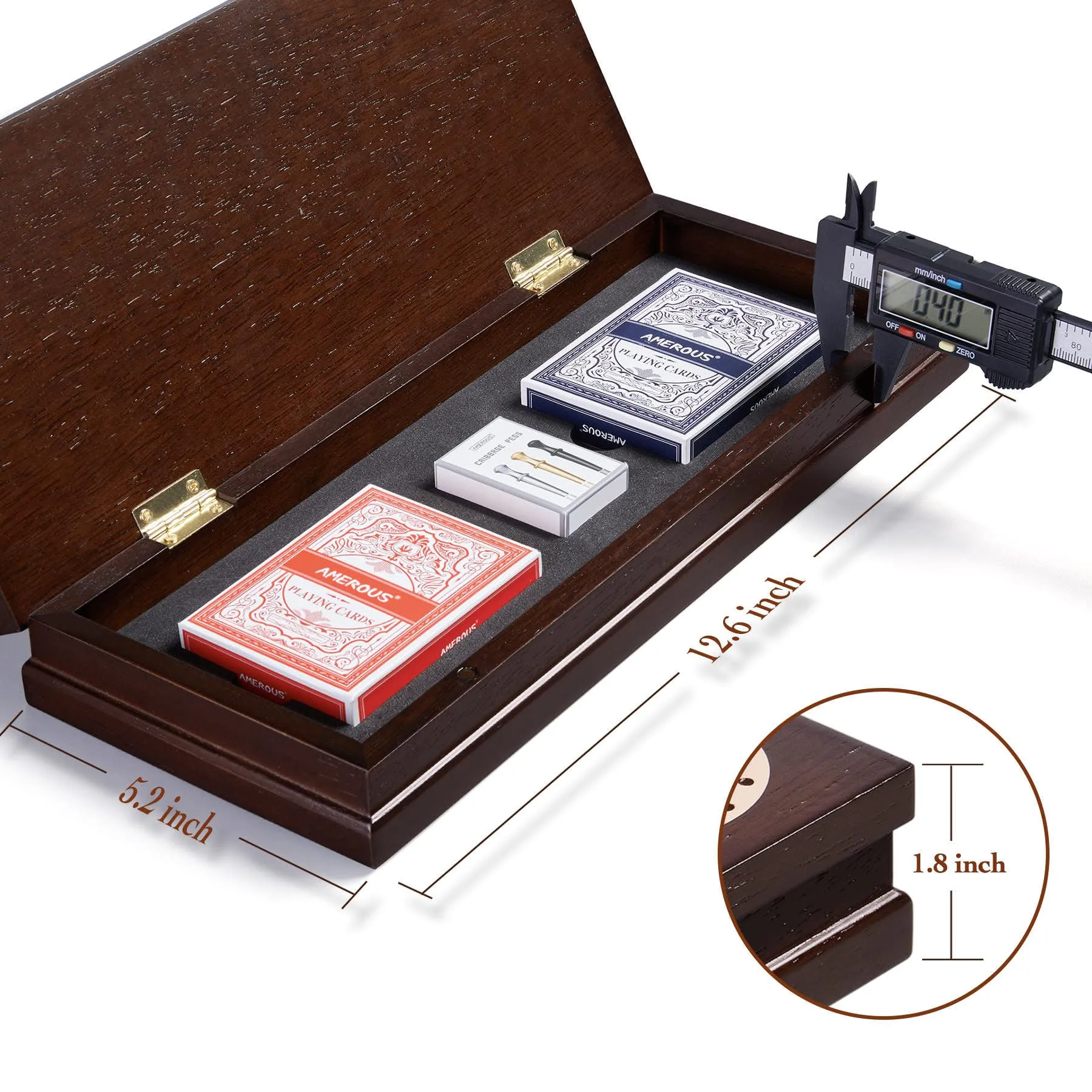AMEROUS Wooden Cribbage Board Game Set with Magnetic Lock / 9 Metal Pegs / 2 Decks of Playing Cards/Larger Storage Area/Instruction, Classic Tabletop Game for Family (3 Track Board)