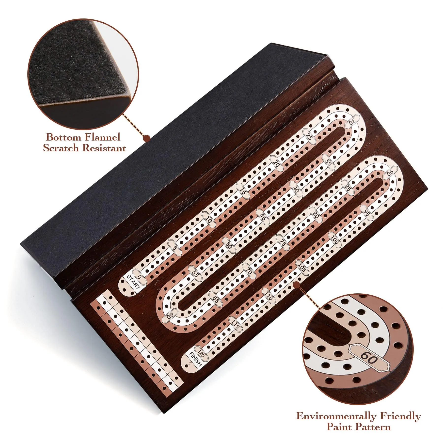 AMEROUS Wooden Cribbage Board Game Set with Magnetic Lock / 9 Metal Pegs / 2 Decks of Playing Cards/Larger Storage Area/Instruction, Classic Tabletop Game for Family (3 Track Board)