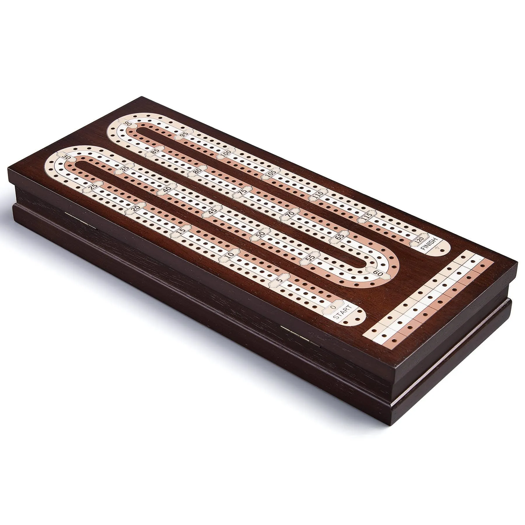 AMEROUS Wooden Cribbage Board Game Set with Magnetic Lock / 9 Metal Pegs / 2 Decks of Playing Cards/Larger Storage Area/Instruction, Classic Tabletop Game for Family (3 Track Board)