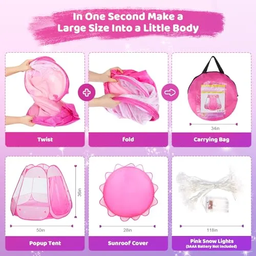 Baby Girl Toys for 1 2 3 Year Old Birthday Gift, Pop Up Princess Tent with Star Lights for 6 12 18 Months Babies, Ball Pits for Toddlers 1-3 with Carrying Bag, Play Tent for Kids Indoor|Outdoor