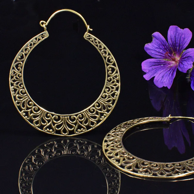 Big Tribal Hoop Earrings in Brass