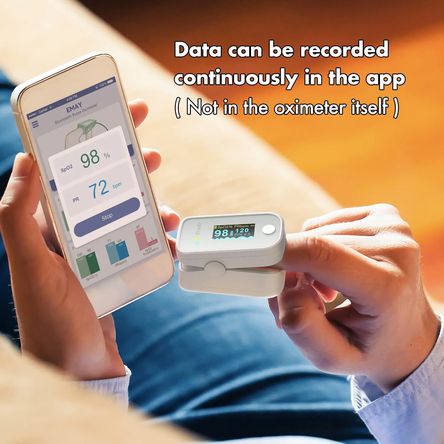 Bluetooth Pulse Oximeter Fingertip | Blood Oxygen Saturation & Heart Rate Monitor | Compatible with iOS & Android Smartphones