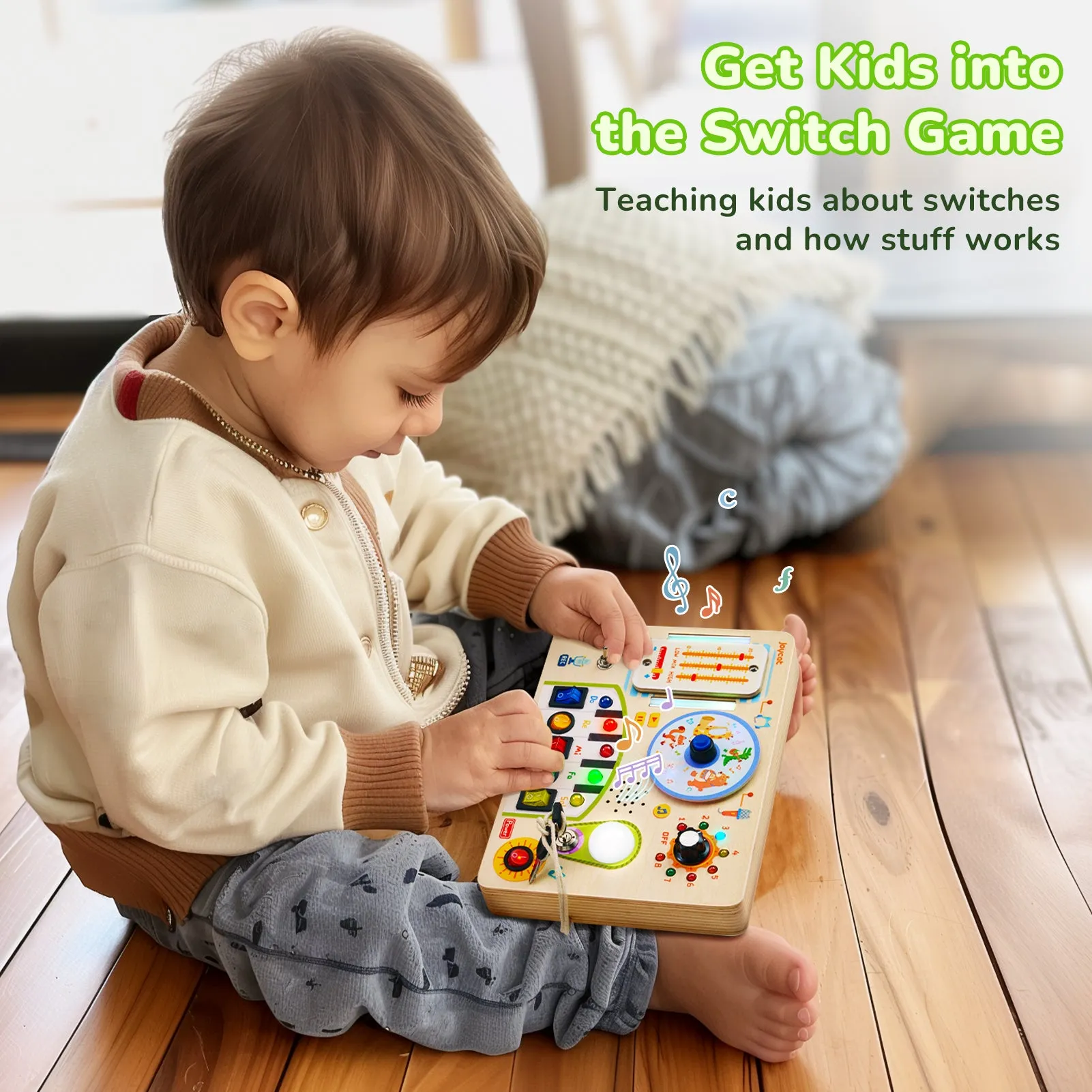 Busy Board with Led Light, Wooden Sensory Toys with Music, Light Switch Board