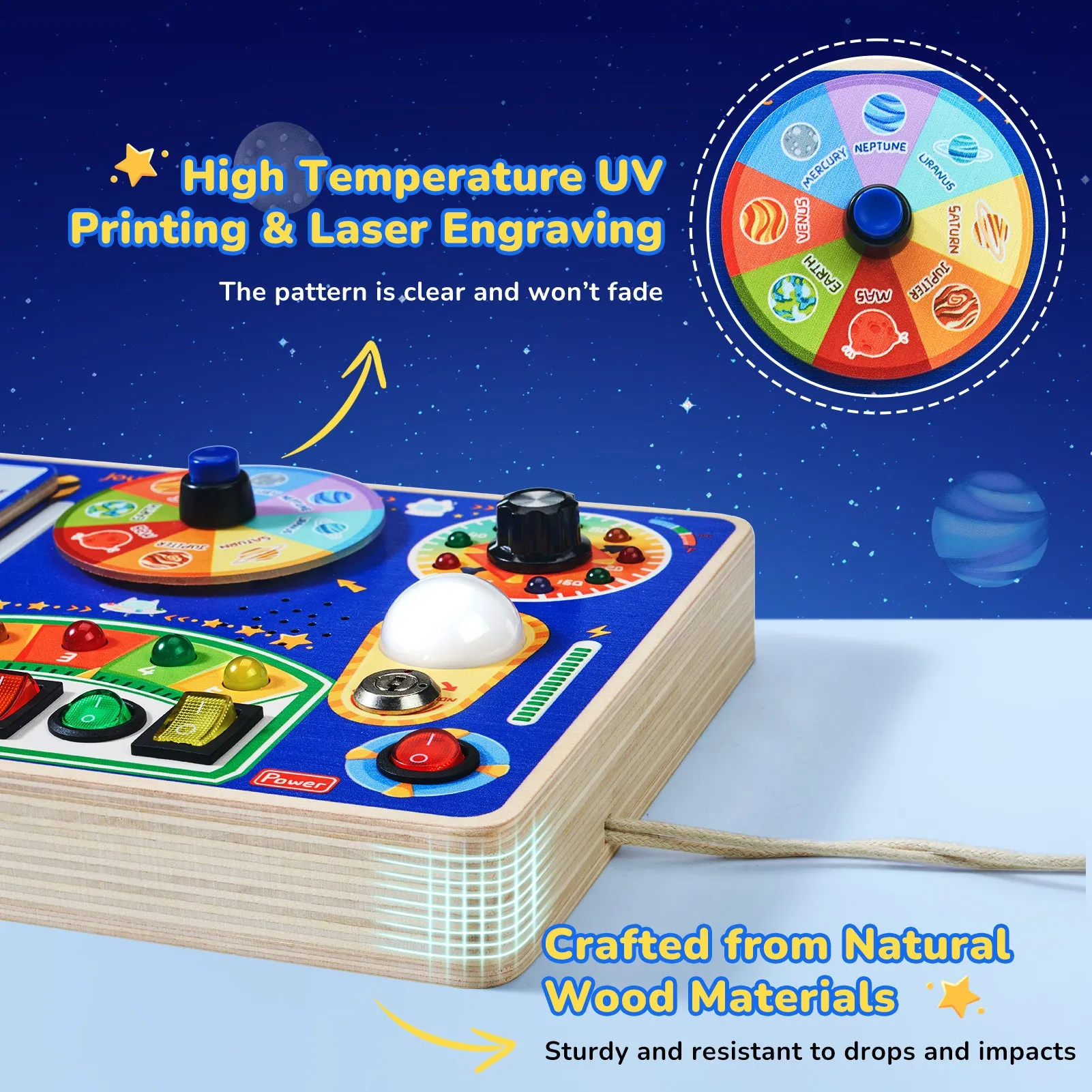 Busy Board with Led Light, Wooden Sensory Toys with Music, Light Switch Board
