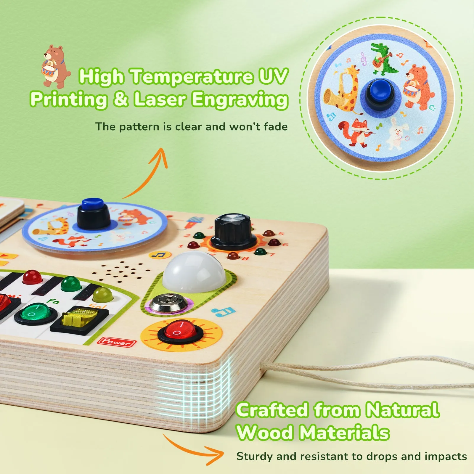 Busy Board with Led Light, Wooden Sensory Toys with Music, Light Switch Board