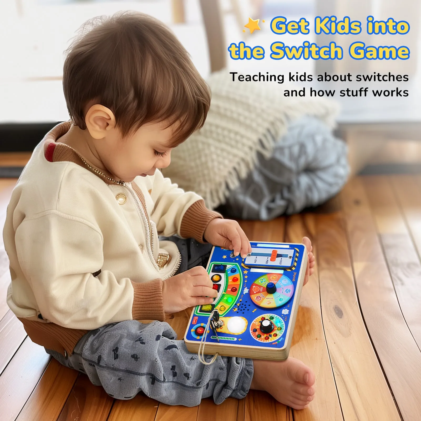 Busy Board with Led Light, Wooden Sensory Toys with Music, Light Switch Board