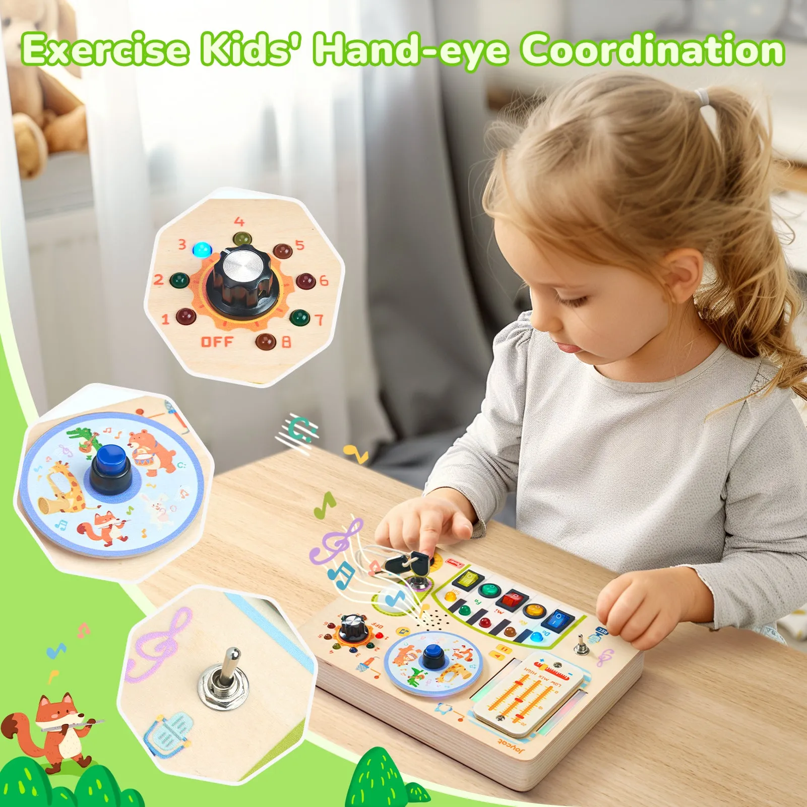Busy Board with Led Light, Wooden Sensory Toys with Music, Light Switch Board