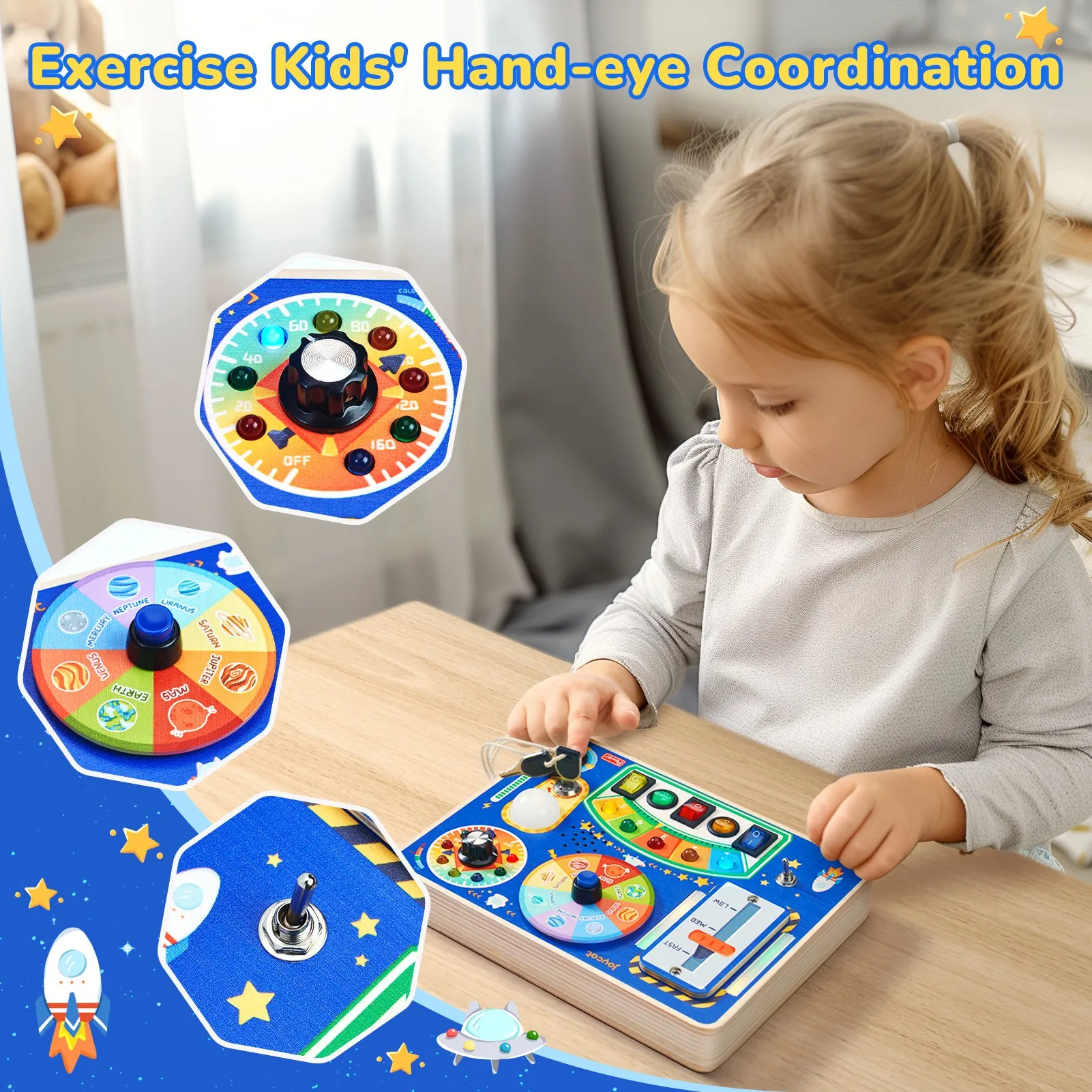 Busy Board with Led Light, Wooden Sensory Toys with Music, Light Switch Board