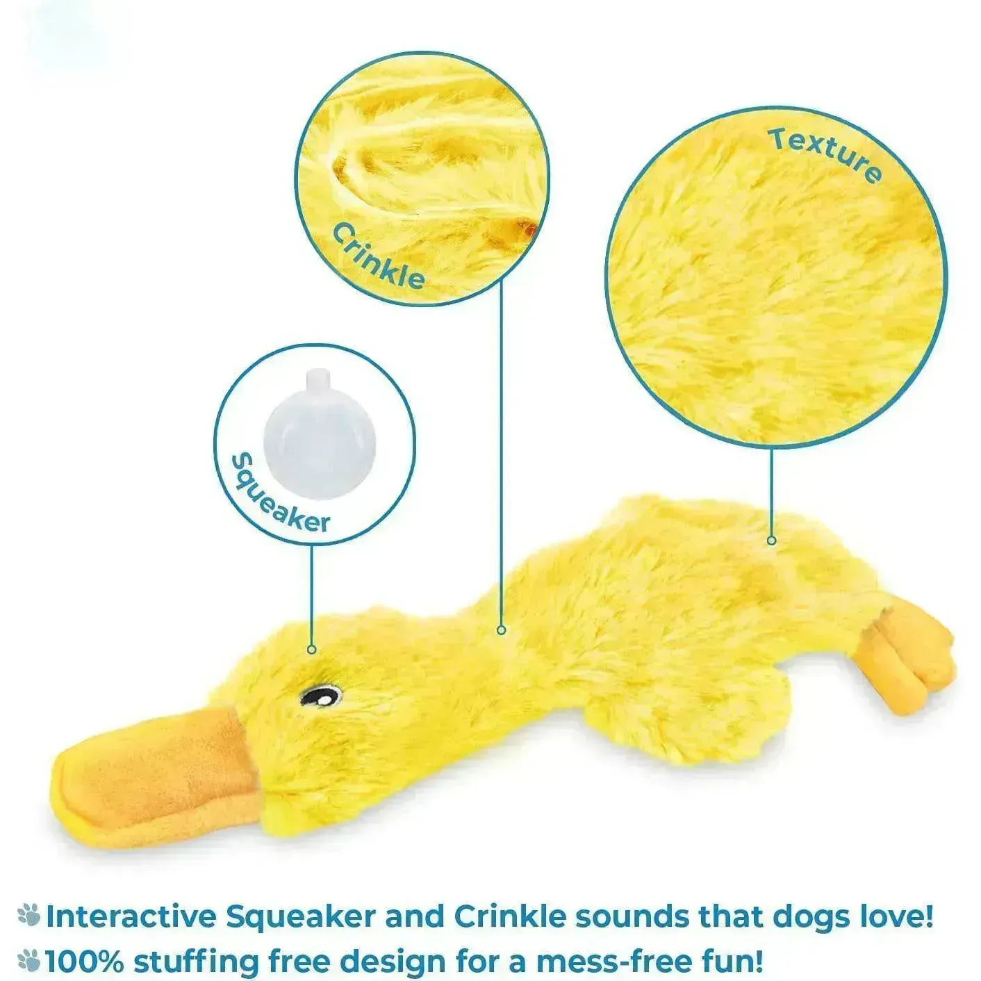 Crinkle Dog Toy - No Stuffing Duck, Squeaker, Yellow