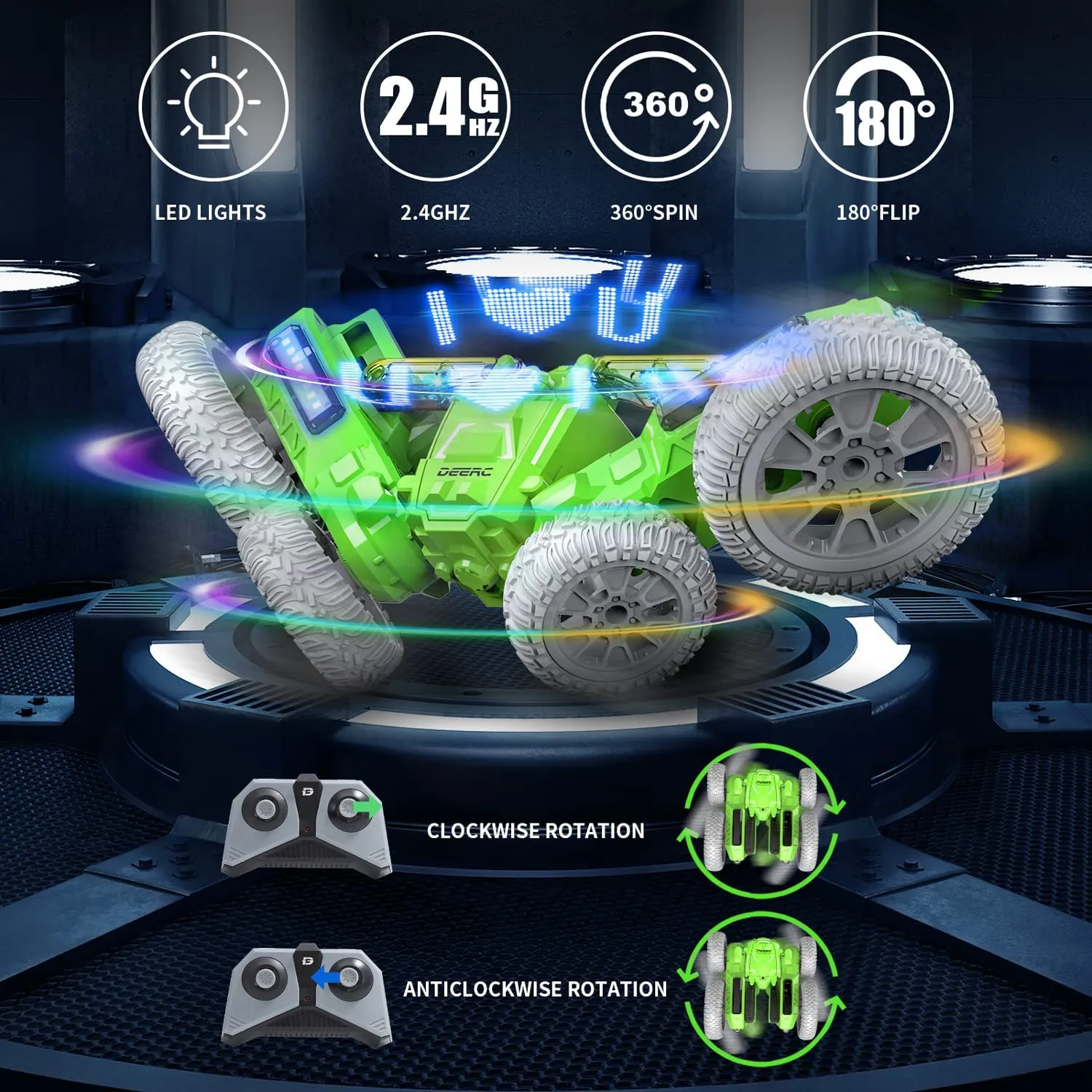 DEERC RC Stunt Car Remote Control Toys Flashing Lights 360 Degrees Rotating Kids