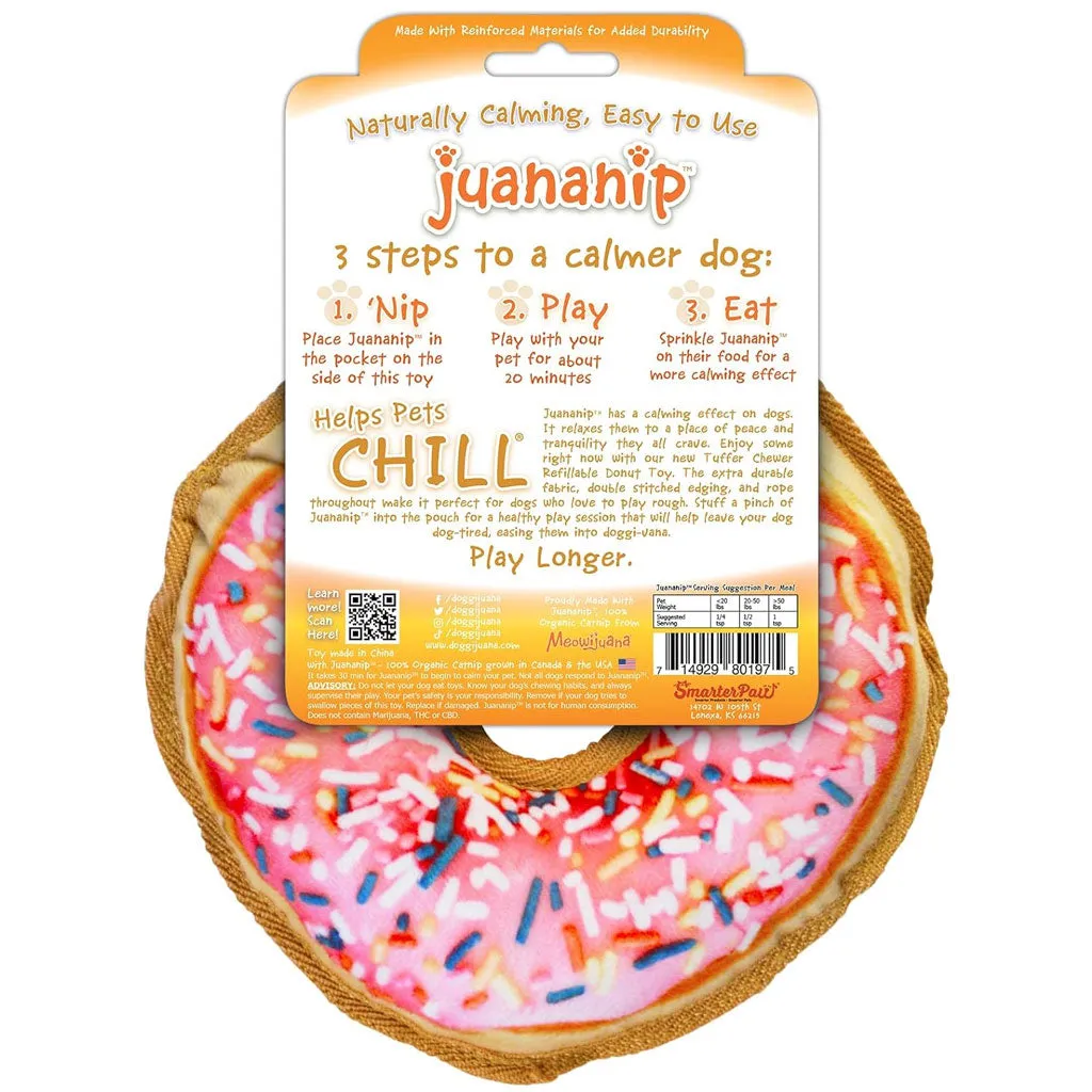 Doggijuana Tuffer Chewer Refillable Juananip Donut Tough Squeaky Dog Plush Toy, 1 count