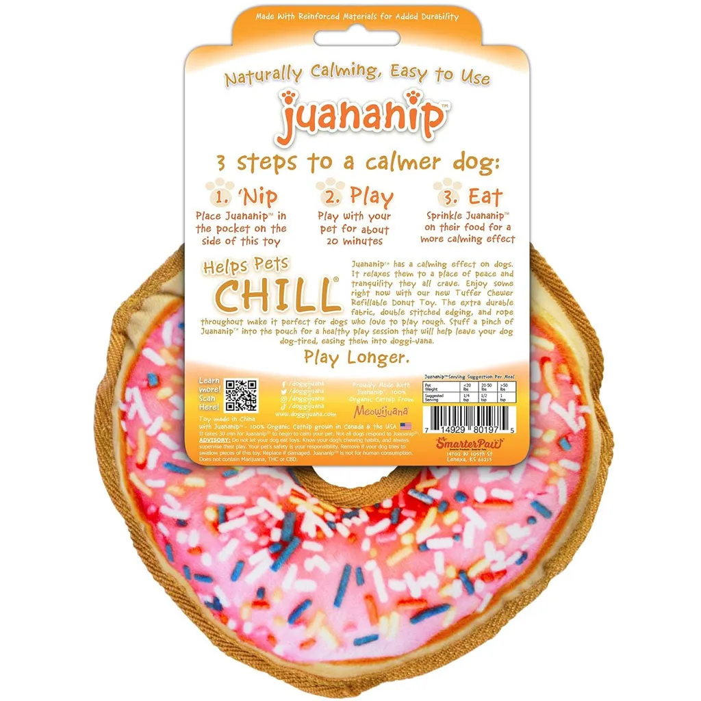 Doggijuana Tuffer Chewer Refillable Juananip Donut Tough Squeaky Dog Plush Toy, 1 count