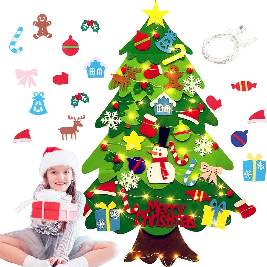essential Diy Felt Christmas Tree, Diy Felt Christmas Tree With 30 Tree Toppers Xmas Ornaments And Light String Wall Hanging Felt Tree For Home Xmas Gift Decor