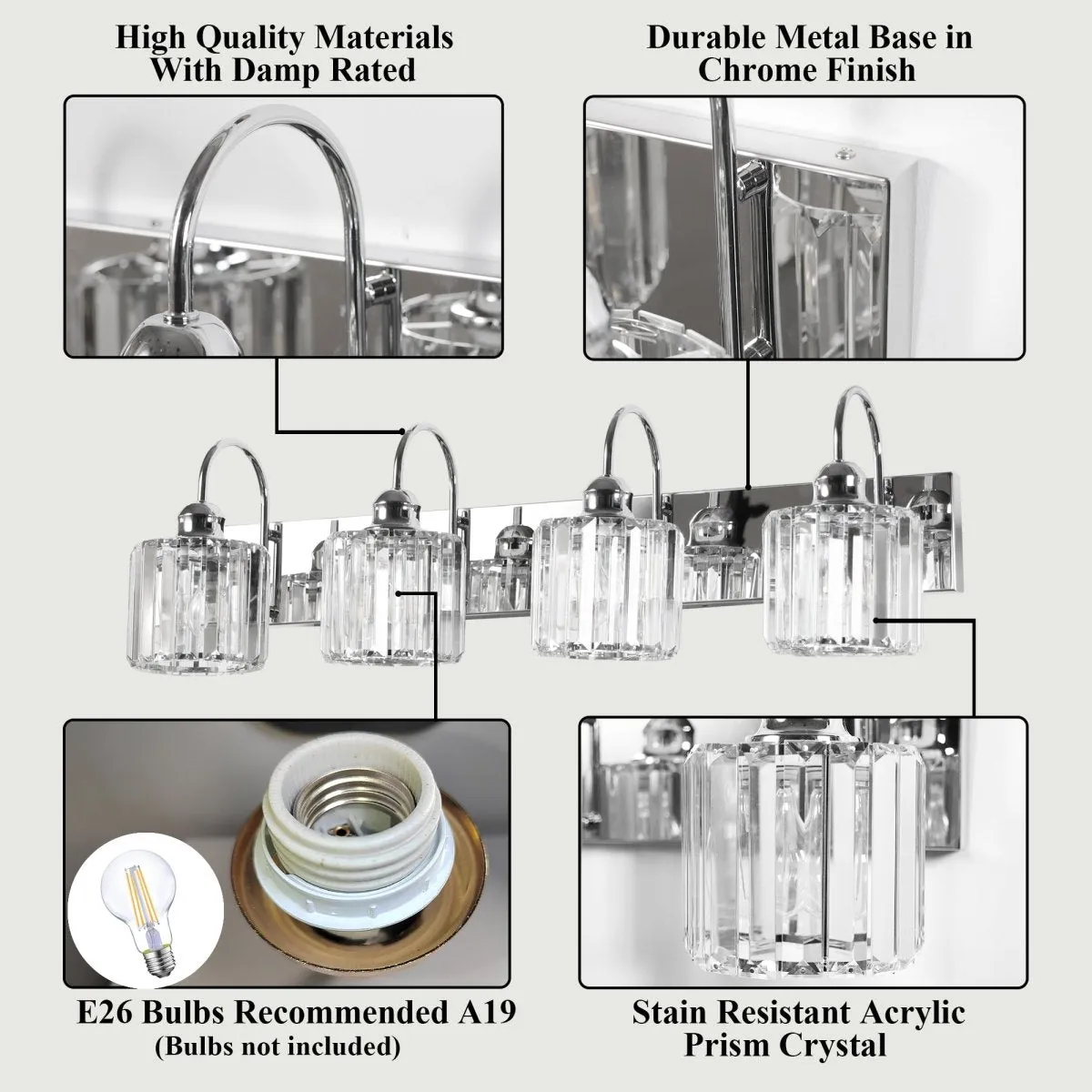 ExBrite 32" 4-Light Vanity Light with Crystal Design, Chrome
