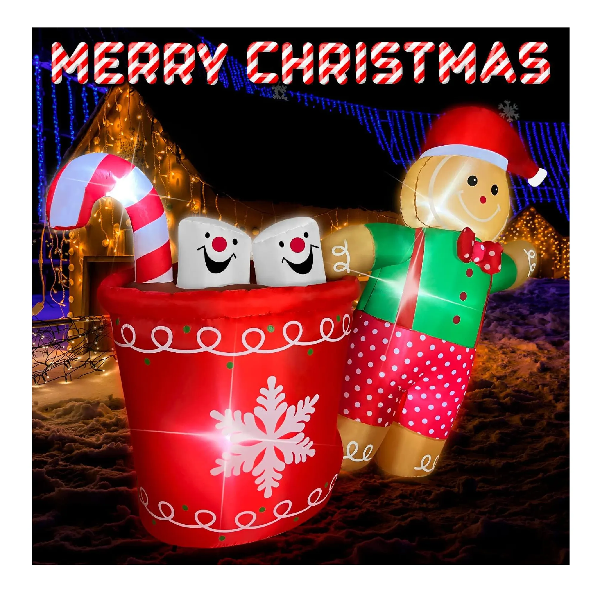 GiziGizi Christmas Inflatables Outdoor Decorations with Gingerbread Man and Hot Cocoa Mug, Built-in LEDs Christmas Blow Up Yard Decorations for Outdoor