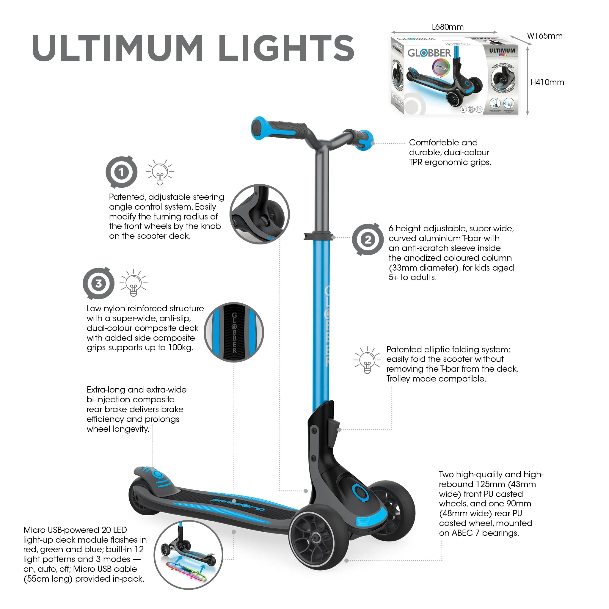 Globber Ultimum Lights Scooter - Sky Blue (5y )