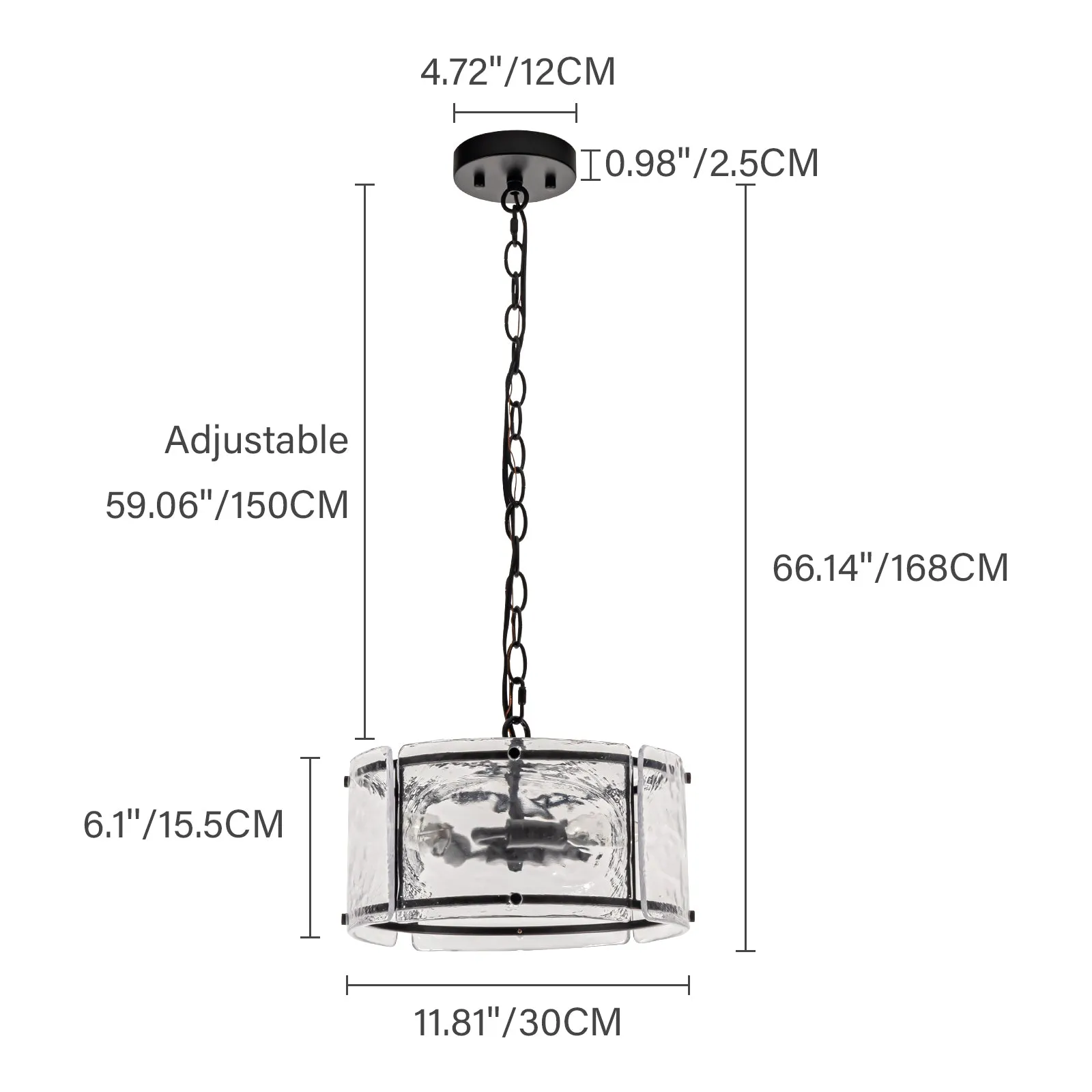 Glowlings 3-Light Modern Textured Water Ripple Clear Glass Black Small Drum Chandelier