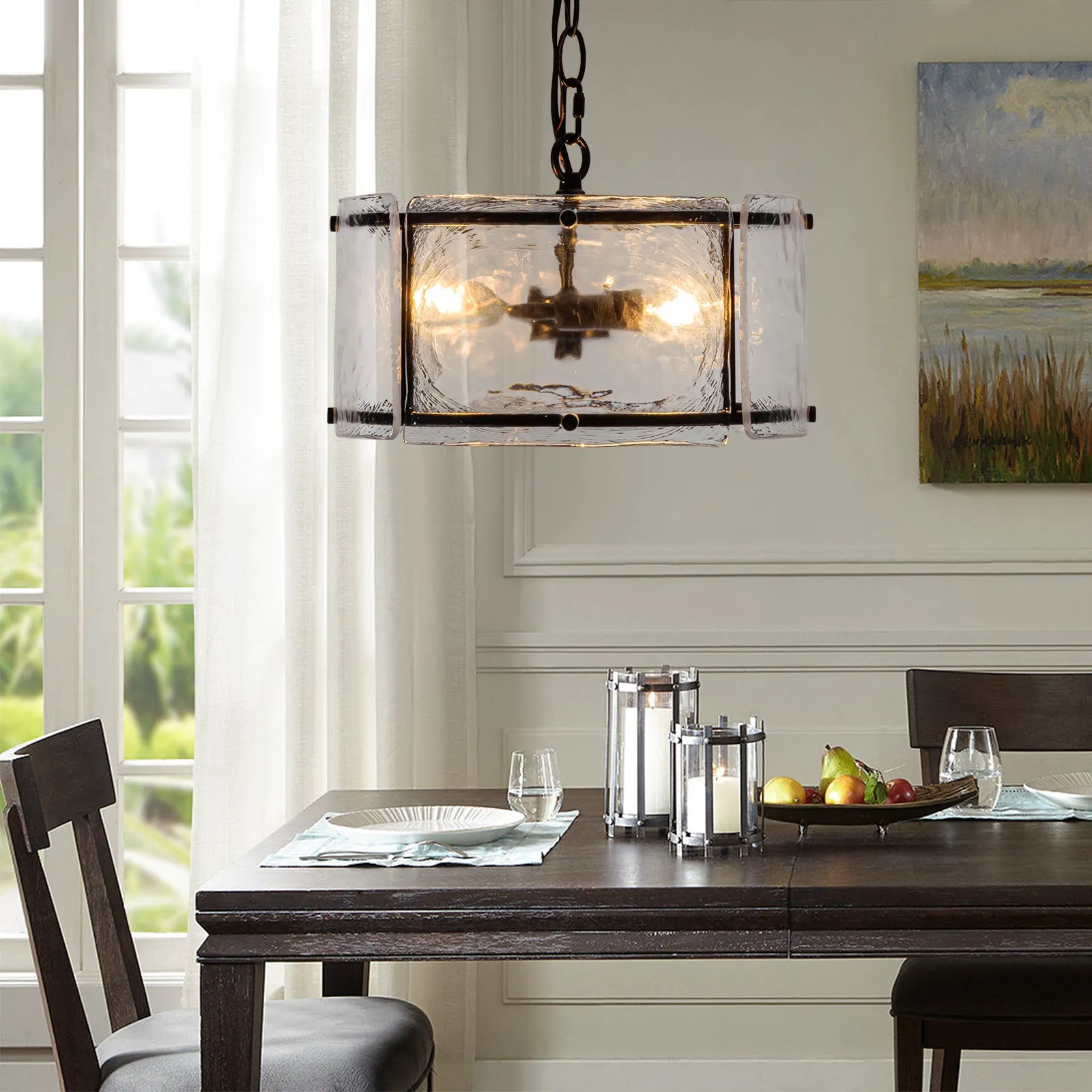 Glowlings 3-Light Modern Textured Water Ripple Clear Glass Black Small Drum Chandelier