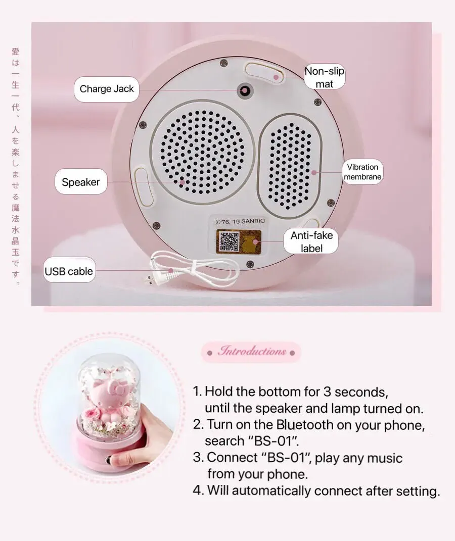 Hello Kitty Speaker with Preserved Fresh Flower Night Light